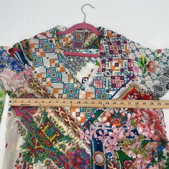 Johnny Was Large Multicolor Floral Boho Tunic Mixed Print Kimono Rayon V-Neck - Picture 7 of 11